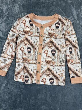 Nativity Scene Button-Up Cardigan Sweater Top Womens - Beige/Brown -  Size M